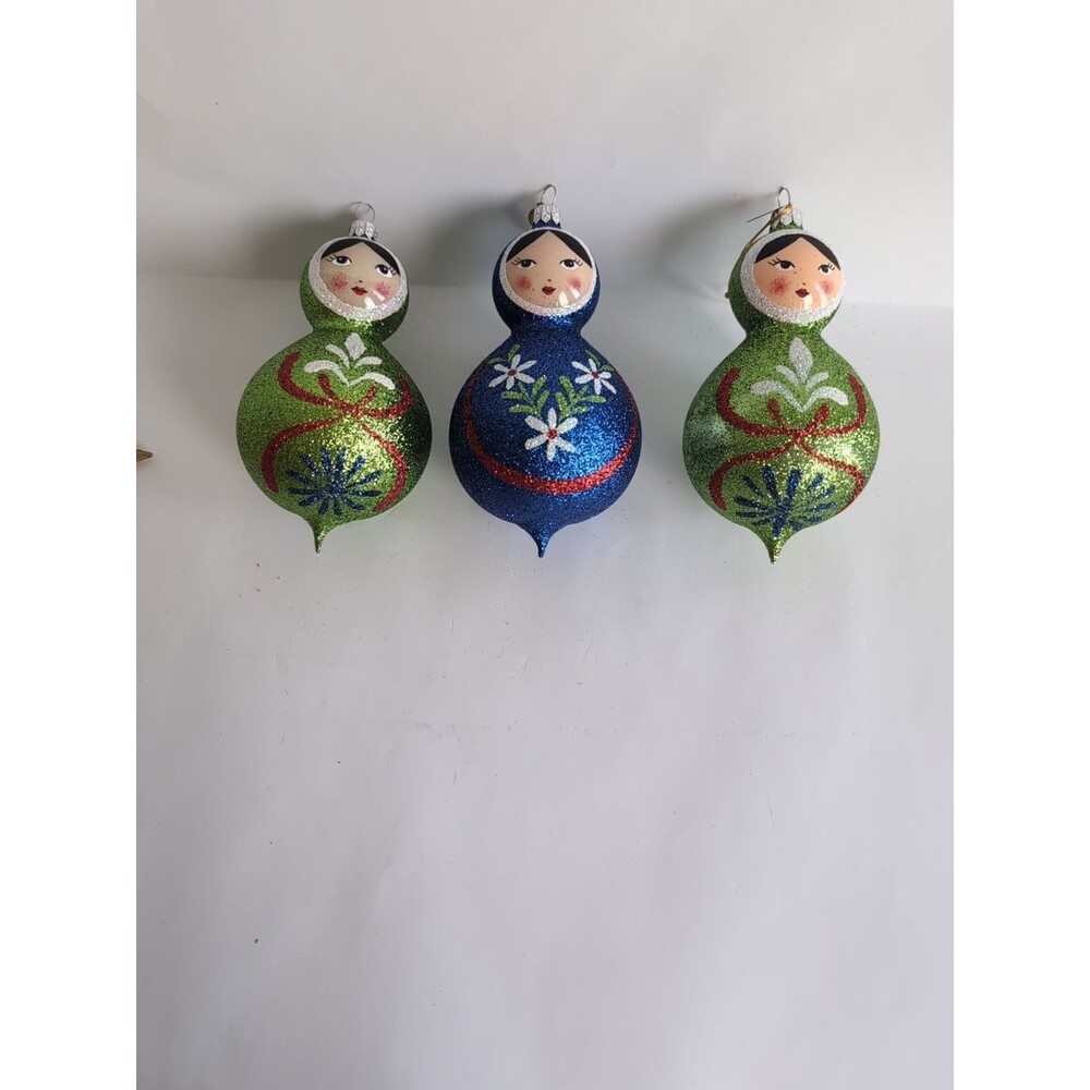 Vtg Christmas Ornaments Pier 1 Russian Doll Matryoshka Glittered Glass Set of 3